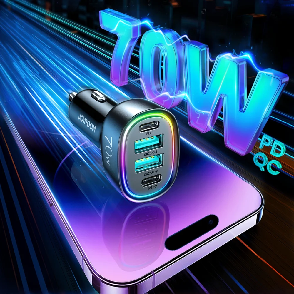 Joyroom 70W car charger with 4 ports: 2 x USB C, 2 x USB black (JR-CL29)eng