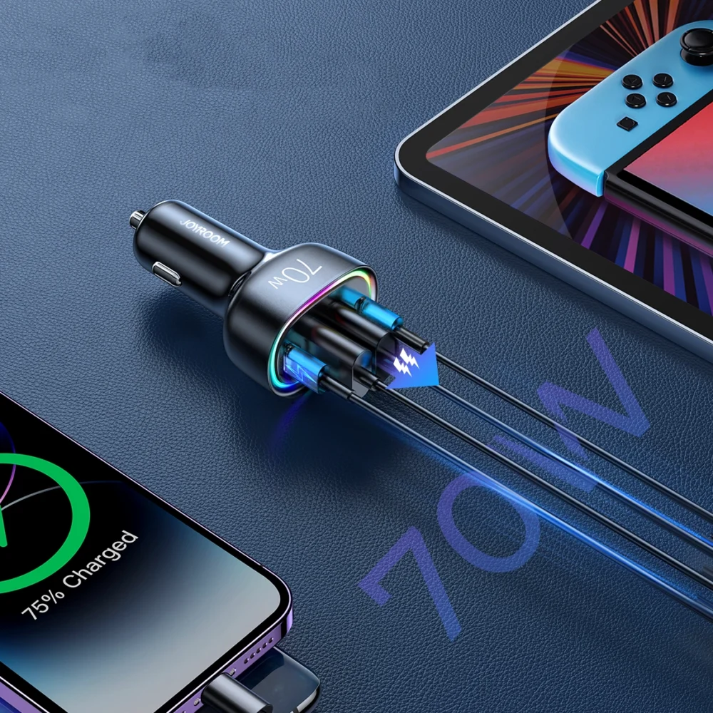 Joyroom 70W car charger with 4 ports: 2 x USB C, 2 x USB black (JR-CL29)eng
