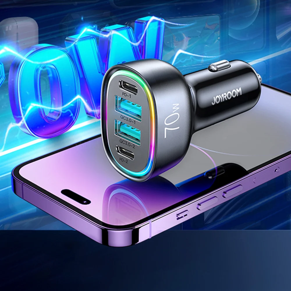 Joyroom 70W car charger with 4 ports: 2 x USB C, 2 x USB black (JR-CL29)eng