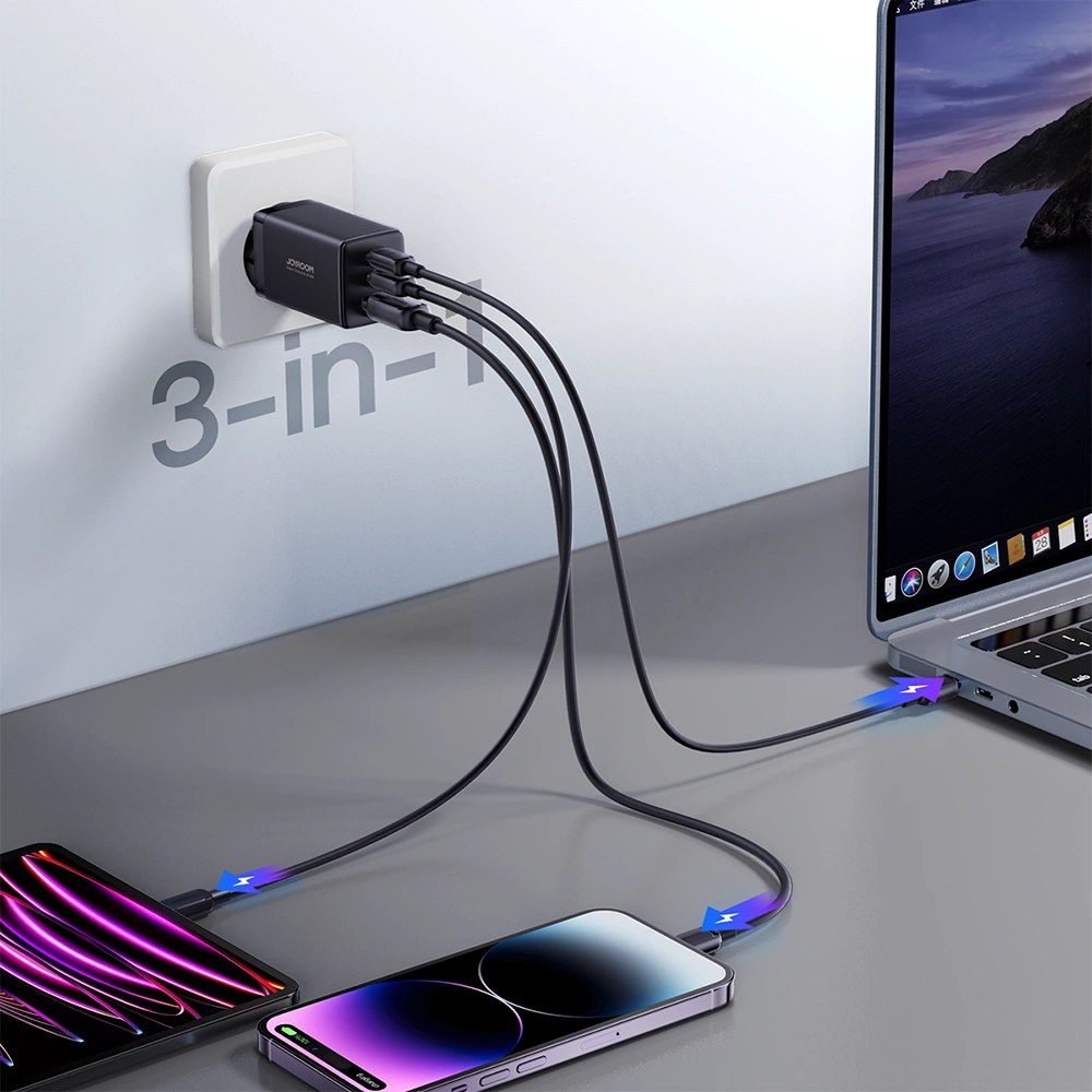 Joyroom fast GaN charger 65W USB-A, 2x USB-C black + USB-C - USB-C cable 100W 1.2m (TCG01)eng