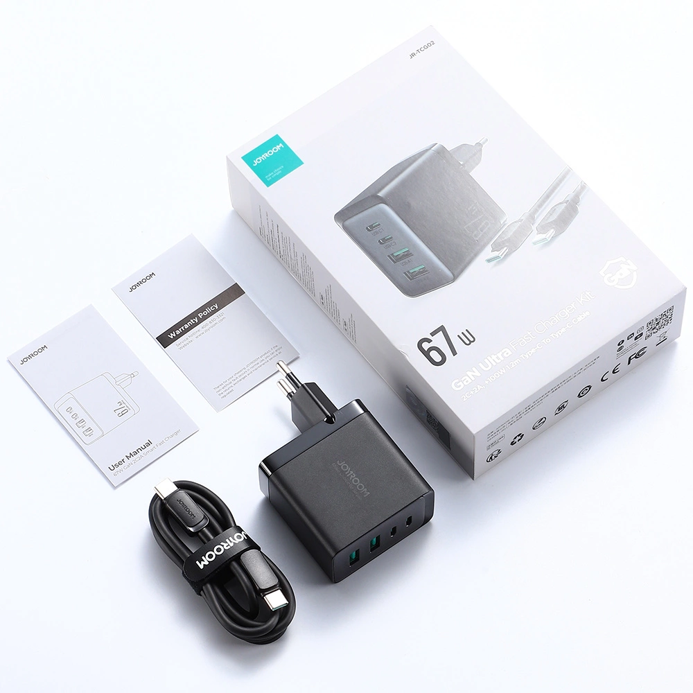 Joyroom GaN charger 67W 4 ports (2x USB, 2x USB C) black (TCG02) + USB C - USB C cable 100W 1.2meng