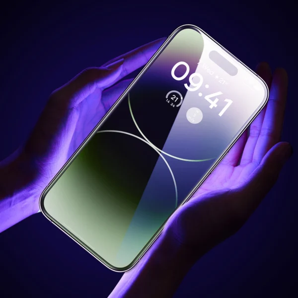 Baseus Full Screen Tempered Glass for iPhone 14 Pro Max with Anti Blue Light Filter and 0.3mm Speaker Cover + Mounting Frameeng