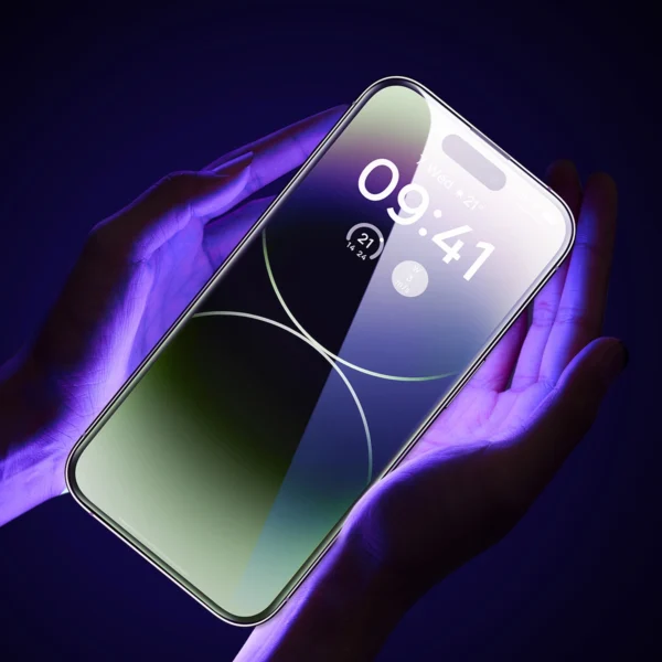 Baseus Full Screen Tempered Glass for iPhone 14 Pro with Anti Blue Light Filter and 0.3mm Speaker Cover + Mounting Frameeng