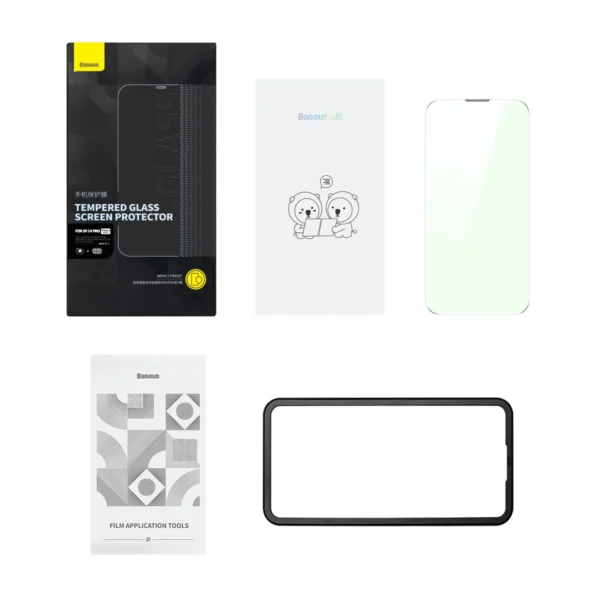 Baseus Full Screen Tempered Glass for iPhone 14 Pro with Anti Blue Light Filter and 0.3mm Speaker Cover + Mounting Frameeng