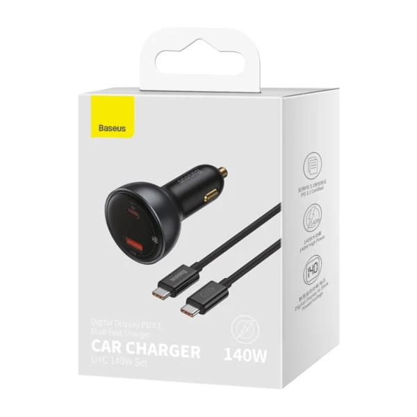 Baseus Digital Display Fast Car Charger USB-A / USB-C PD3.1 140W black + USB-C cable Baseus Superior Series 5A 240W 1m black (CGZX070001)eng