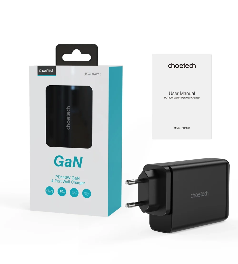 Choetech charger GaN 140W 4 ports (2x USB C, 2x USB) black (PD6005)eng
