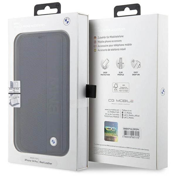 Case BMW BMBKP14L22RDPK iPhone 14 Pro 6.1" black/black bookcase Leather Textured&Stripeeng