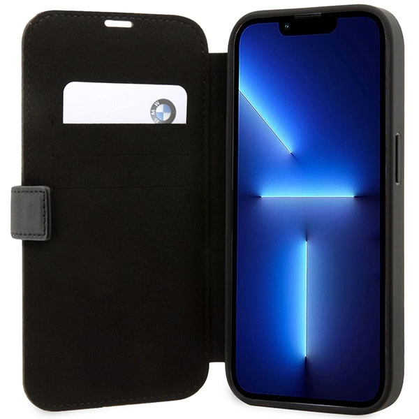 Case BMW BMBKP14X22RVSK iPhone 14 Pro Max 6.7" black/black bookcase Leather Stamp Blue Lineseng