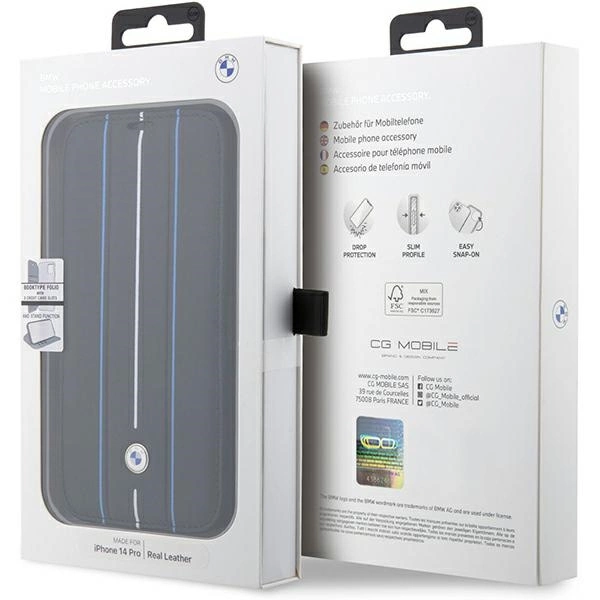 Case BMW BMBKP14X22RVSK iPhone 14 Pro Max 6.7" black/black bookcase Leather Stamp Blue Lineseng