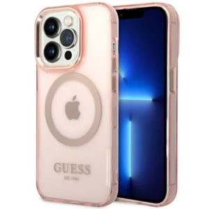Guess GUHMP14XHTCMP iPhone 14 Pro Max 6.7" pink/pink hard case Gold Outline Translucent MagSafeeng