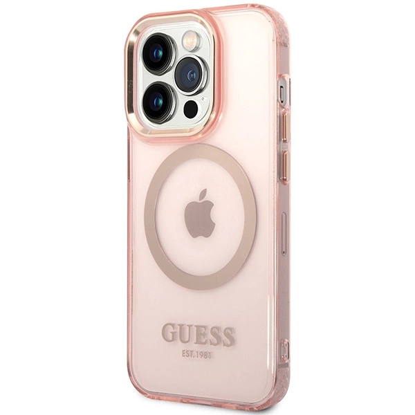 Guess GUHMP14XHTCMP iPhone 14 Pro Max 6.7" pink/pink hard case Gold Outline Translucent MagSafeeng