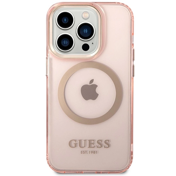 Guess GUHMP14XHTCMP iPhone 14 Pro Max 6.7" pink/pink hard case Gold Outline Translucent MagSafeeng