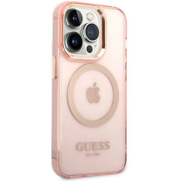 Guess GUHMP14XHTCMP iPhone 14 Pro Max 6.7" pink/pink hard case Gold Outline Translucent MagSafeeng