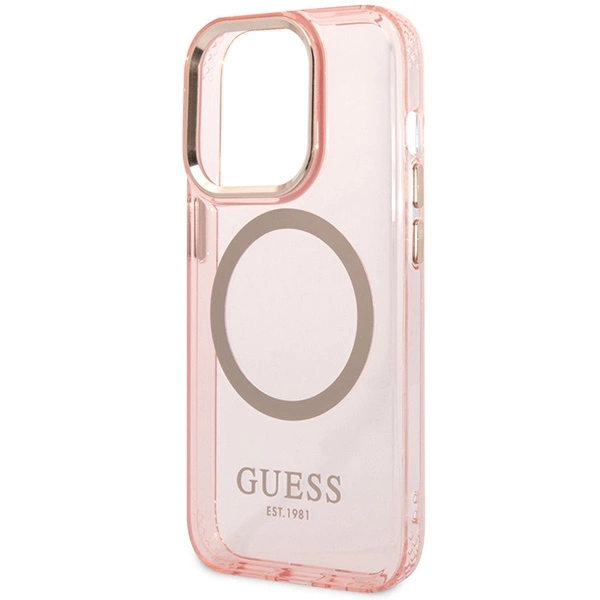 Guess GUHMP14XHTCMP iPhone 14 Pro Max 6.7" pink/pink hard case Gold Outline Translucent MagSafeeng