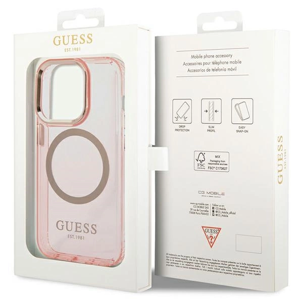Guess GUHMP14XHTCMP iPhone 14 Pro Max 6.7" pink/pink hard case Gold Outline Translucent MagSafeeng