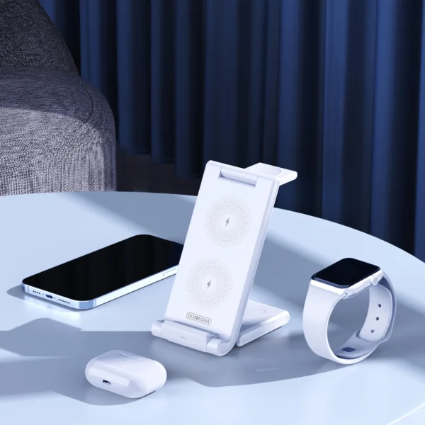 3in1 wireless charger for Qi 15W phones and Samsung Galaxy Duzzona W10-S smartwatches - whiteeng