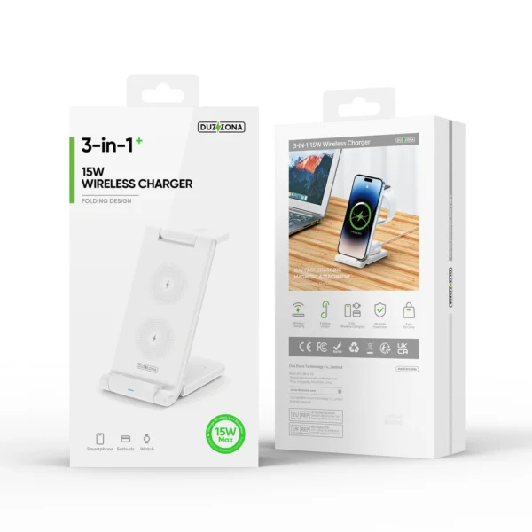 3in1 wireless charger for Qi 15W phones and Samsung Galaxy Duzzona W10-S smartwatches - whiteeng