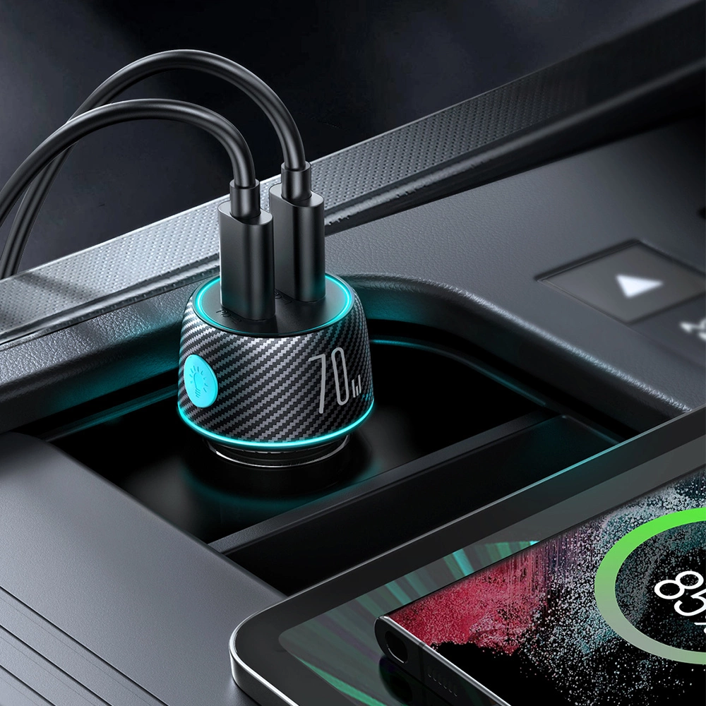 2x USB C 70W car charger with LED backlight Joyroom JR-CCN02 - blackeng