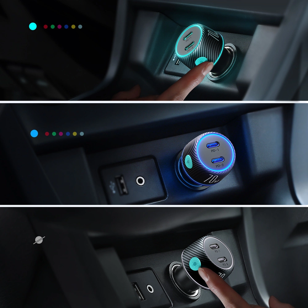 2x USB C 70W car charger with LED backlight Joyroom JR-CCN02 - blackeng