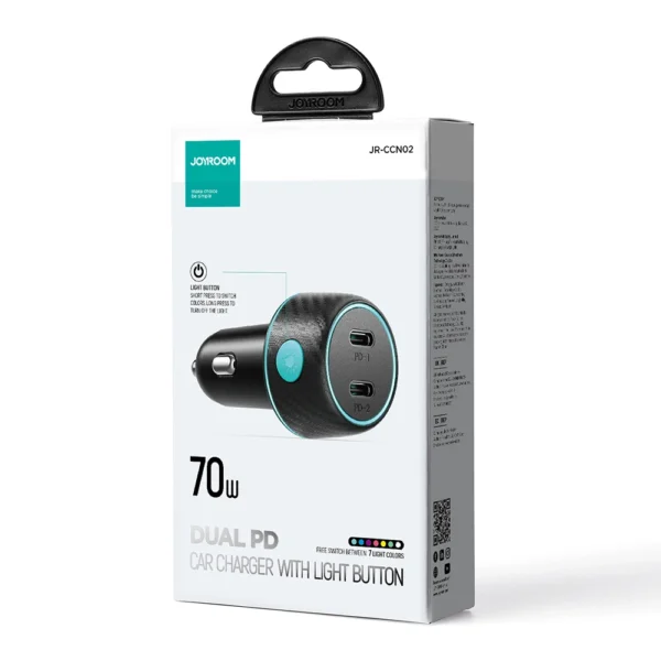 2x USB C 70W car charger with LED backlight Joyroom JR-CCN02 - blackeng