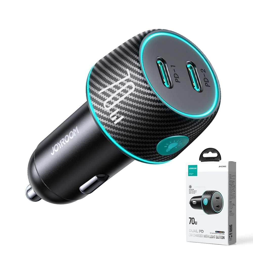 2x USB C 70W car charger with LED backlight Joyroom JR-CCN02 - blackeng