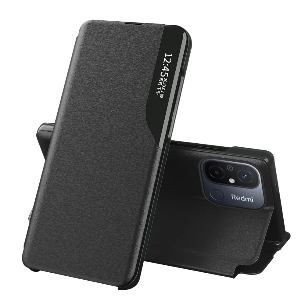Eco Leather View Case for Xiaomi Redmi 11A / Poco C55 / Redmi 12C with flip stand blackeng