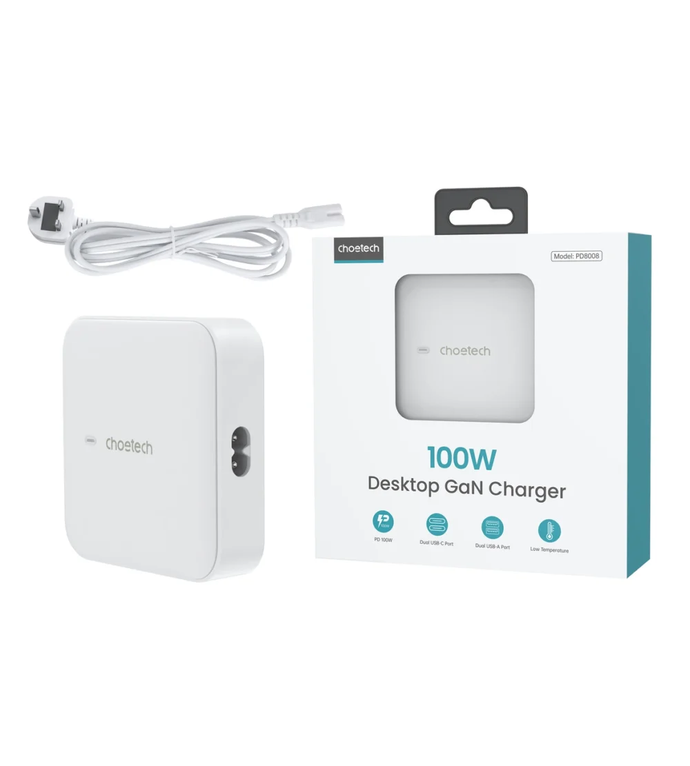 Choetech PD8008 100W GaN fast charger 2x USB-A / 2x USB-C - whiteeng