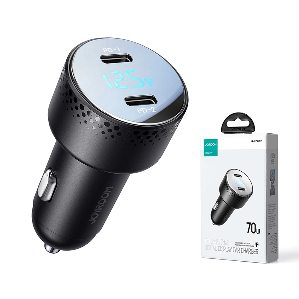 2x USB C 70W car charger with LED display Joyroom JR-CCD02 - blackeng