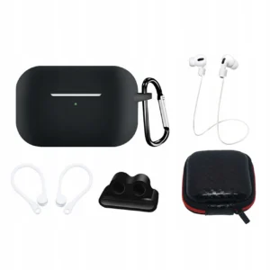 Silicone Case Set for AirPods Pro 2 / AirPods Pro 1 + Case / Ear Hook / Neck Strap / Watch Strap Holder / Carabiner - blackeng