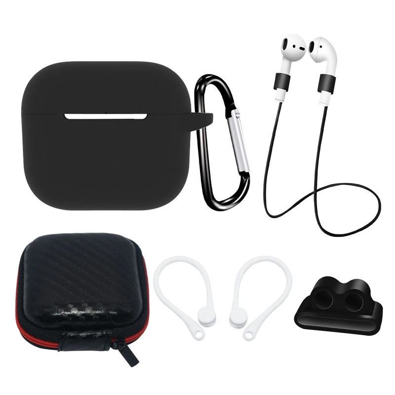 AirPods 3 Silicone Case Set + Case/Ear Hook/Neck Strap/Watch Strap Holder/Carabiner Clasp - blackeng