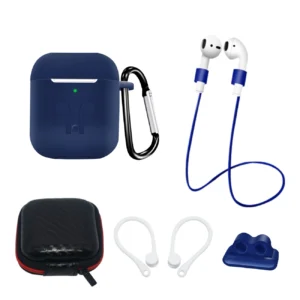 Set of AirPods 2 / AirPods 1 silicone case + case / ear hook / neck strap / watch strap holder / carabiner - blueeng