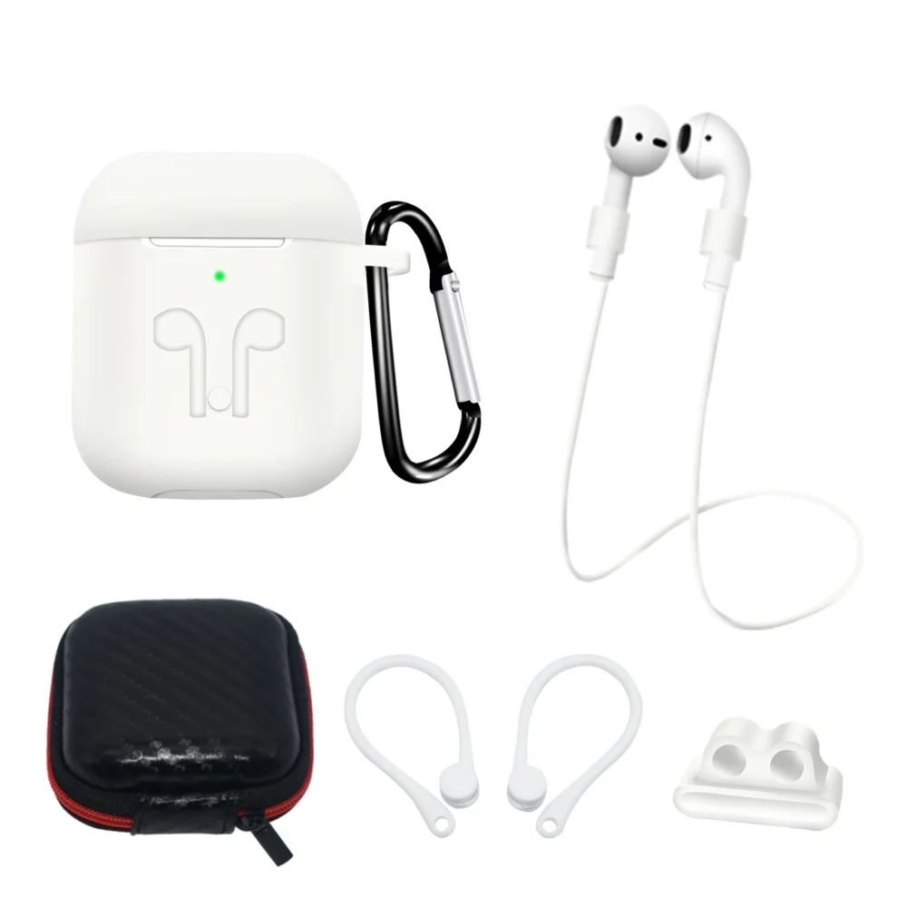 Silicone Case Set for AirPods 2 / AirPods 1 + Case / Ear Hook / Neck Strap / Watch Strap Holder / Carabiner - Whiteeng