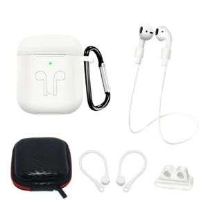 Silicone Case Set for AirPods 2 / AirPods 1 + Case / Ear Hook / Neck Strap / Watch Strap Holder / Carabiner - Whiteeng