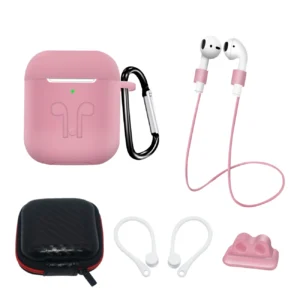 Set of AirPods 2 / AirPods 1 silicone case + case / ear hook / neck strap / watch strap holder / carabiner - pinkeng