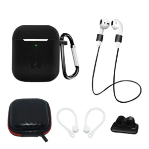 Silicone Case Set for AirPods 2 / AirPods 1 + Case / Ear Hook / Neck Strap / Watch Strap Holder / Carabiner - blackeng