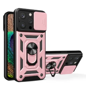 iPhone 15 Pro Max Hybrid Armor Camshield Case with Kickstand and Camera Cover - Pinkeng