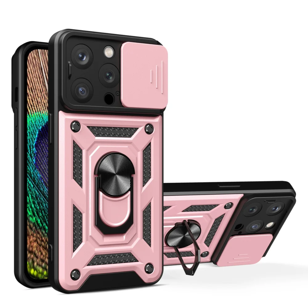 Hybrid Armor Camshield case with stand and camera cover for iPhone 15 Pro - pinkeng