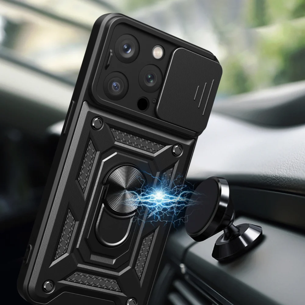 Hybrid Armor Camshield case with stand and camera cover for iPhone 15 Pro - pinkeng