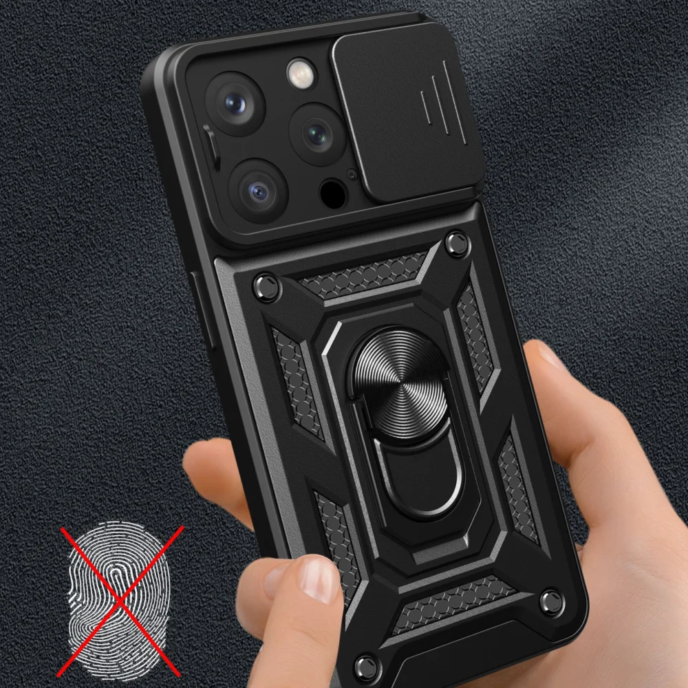 Hybrid Armor Camshield case with stand and camera cover for iPhone 15 Pro - pinkeng