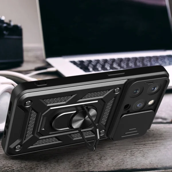Hybrid Armor Camshield case with stand and camera cover for iPhone 15 Pro - pinkeng