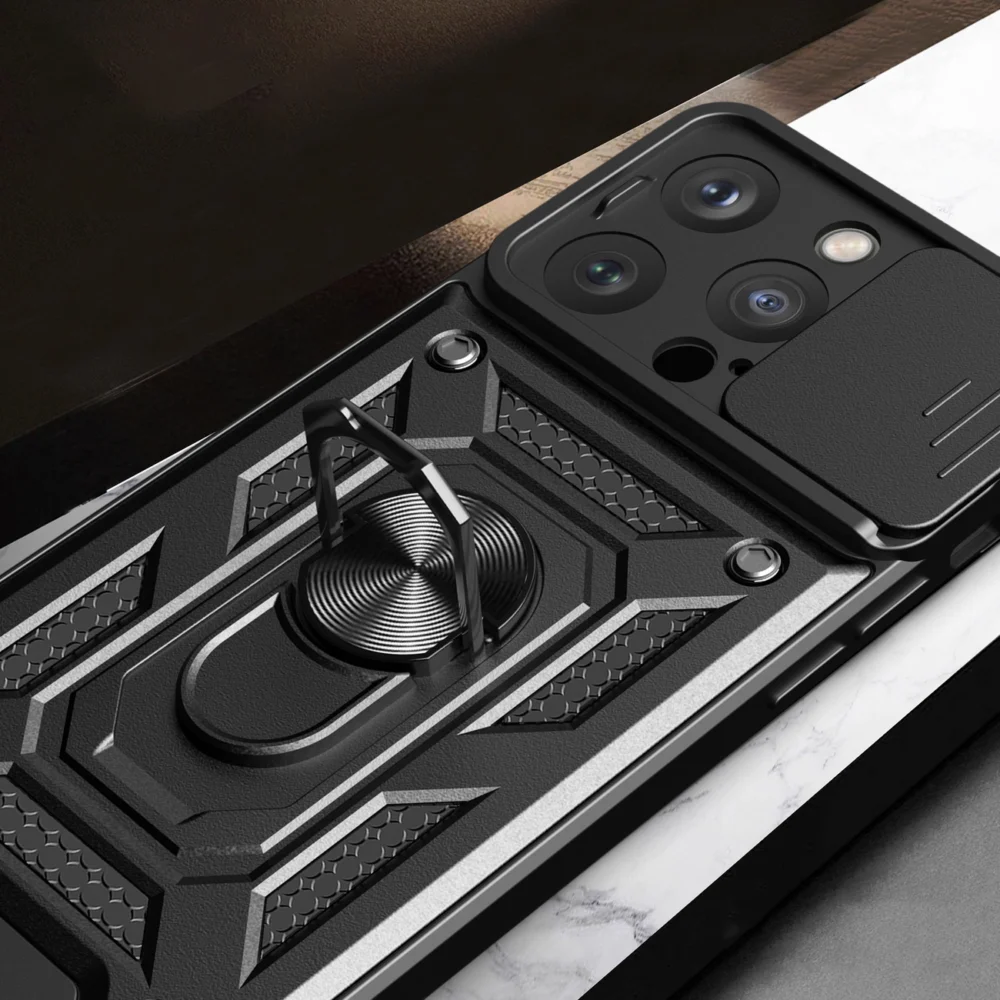 Hybrid Armor Camshield case with stand and camera cover for iPhone 15 Pro - pinkeng