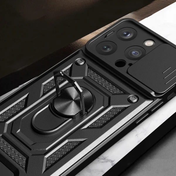 Hybrid Armor Camshield case with stand and camera cover for iPhone 15 Pro - pinkeng