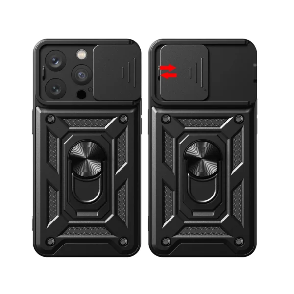 Hybrid Armor Camshield case with stand and camera cover for iPhone 15 Pro - pinkeng