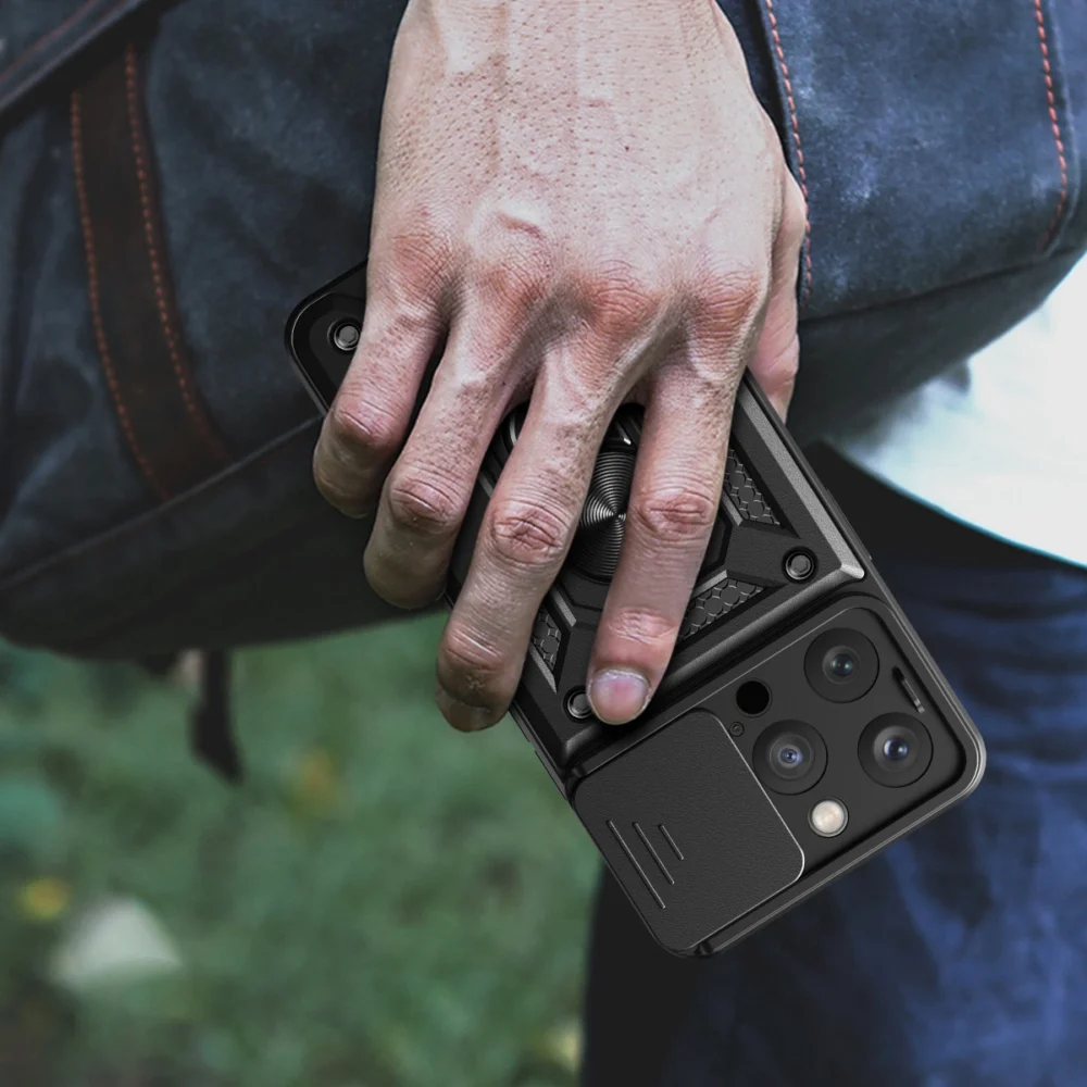 Hybrid Armor Camshield case with stand and camera cover for iPhone 15 Pro - pinkeng