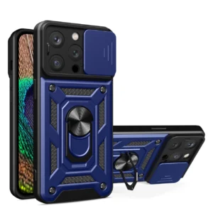 Hybrid Armor Camshield iPhone 15 Pro Case with Kickstand and Camera Cover - Blueeng