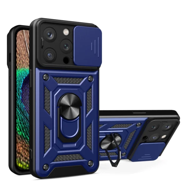 Hybrid Armor Camshield iPhone 15 Pro Case with Kickstand and Camera Cover - Blueeng