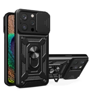 Hybrid Armor Camshield case with stand and camera cover for iPhone 15 Pro - blackeng
