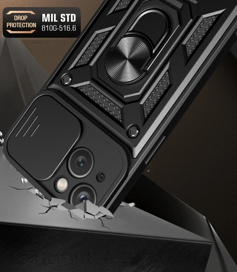 Hybrid Armor Camshield Case with Stand and Camera Cover for iPhone 15 Plus - Pinkeng