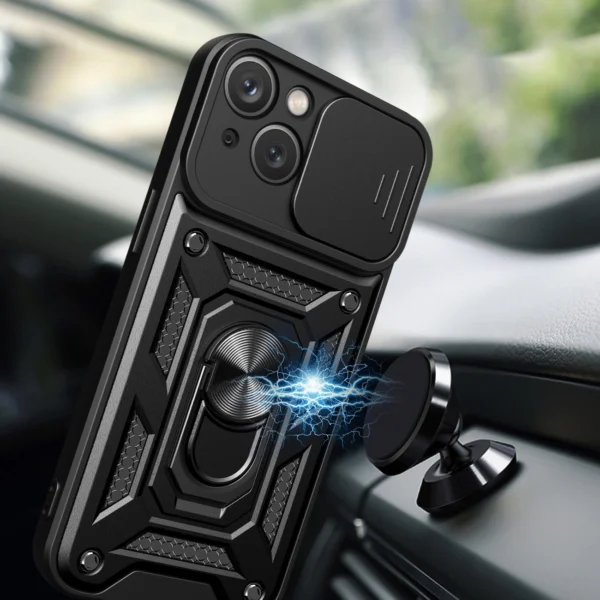 Hybrid Armor Camshield Case with Stand and Camera Cover for iPhone 15 Plus - Pinkeng