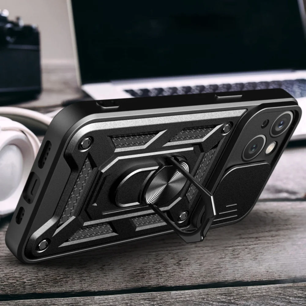 Hybrid Armor Camshield Case with Stand and Camera Cover for iPhone 15 Plus - Pinkeng